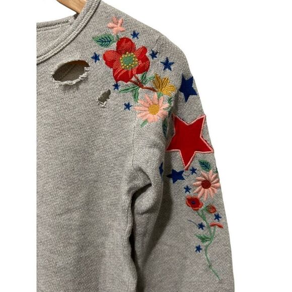 Hudson Kids Embroidered Destructed Distressed Grey Floral Sweater Kids Size 9/10 - Picture 4 of 9